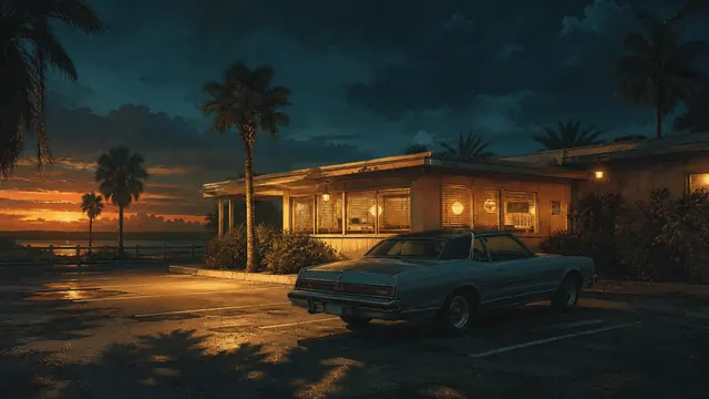 GTA VI game-length inline editorial key art: end of a long drive at a roadside lot
