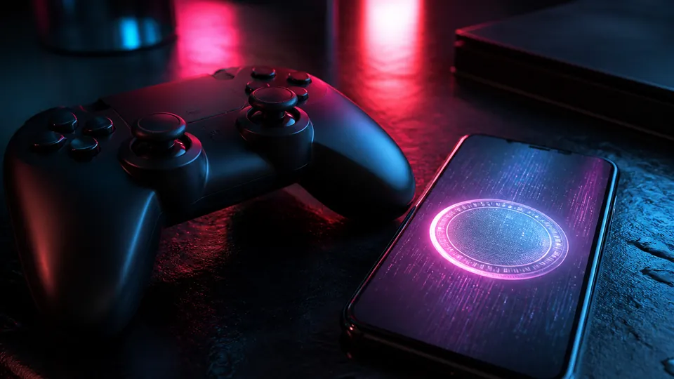 Next Vice editorial key art for the GTA VI gameplay leak and crypto-fundraising coverage: a moody controller-and-phone gaming setup with a faint digital-coin glow, no readable text.