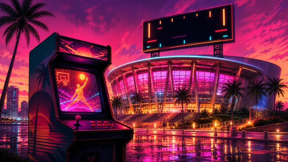 Next Vice editorial key art for the NBA 2K27 teasing a GTA 6-themed crossover with Rockstar: a neon basketball arena at dusk with a retro arcade cabinet and palm trees, no readable text.