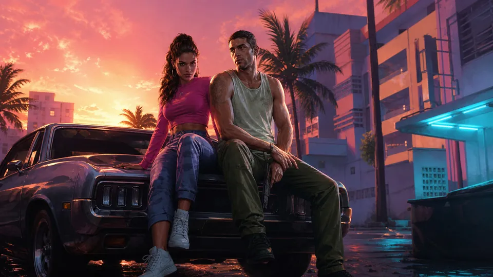 Next Vice editorial key art for GTA VI's confirmed no-microtransactions, no-generative-AI launch.