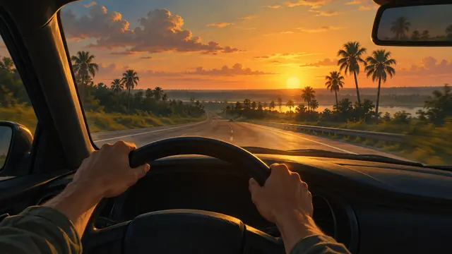 Leonida golden-hour drive editorial illustration
