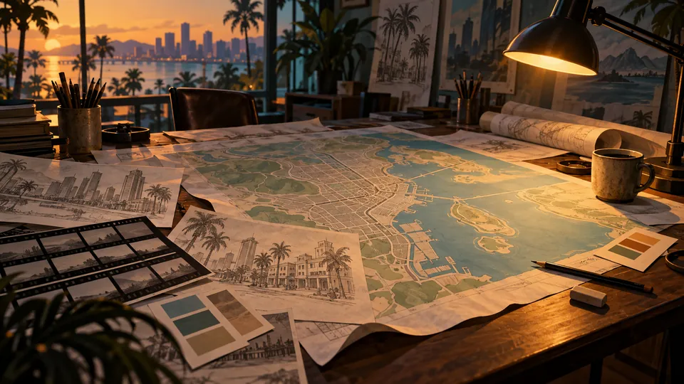 Next Vice editorial key art for coverage of Rockstar's stated creative process behind GTA VI, depicting a concept-art desk with city maps and illustrations.