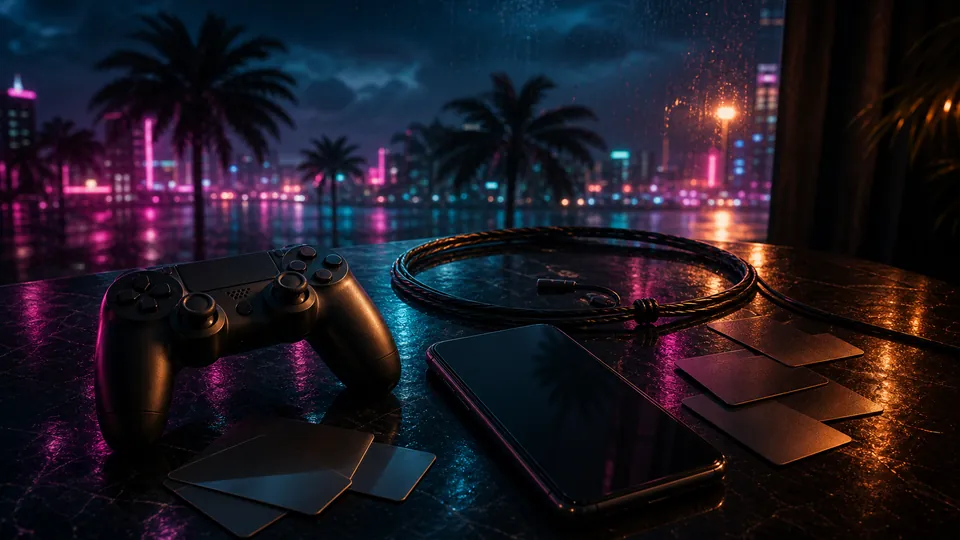 Next Vice editorial key art for fake early-access scam coverage. It uses a controller, dark phone glass, blank payment cards, and a cable snare to show the trap without showing fake scam UI.